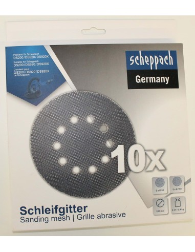 Kit 10 dischi abrasivi in rete 225mm 80-180 gr per levigatrici da muro Scheppach