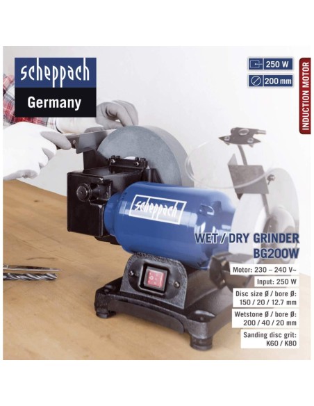 6 - Smerigliatrice combinata da banco mola ad acqua 150/200 mm 250w Scheppach bg200w