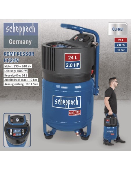 5 - Compressore Scheppach hc24v aria verticale 24 lt litri 1,5 hp salvaspazio