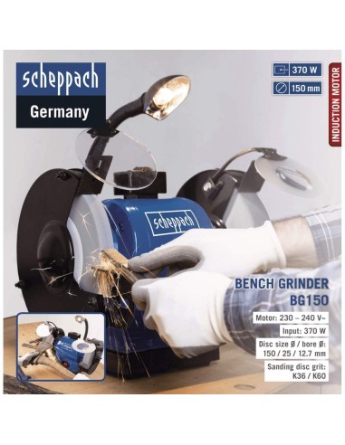 Smerigliatrice da banco da 6" ø150mm 370w con doppio disco Scheppach bg150