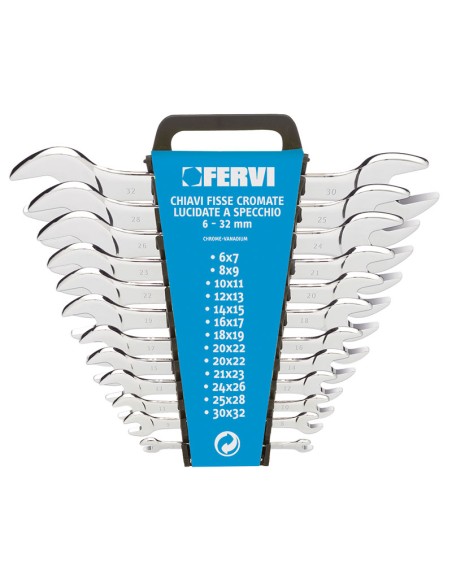 Set kit 12 pz chiavi fisse cromate lucidate a specchio 6-32 mm Fervi 0201