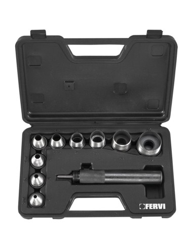 Serie 9 pz fustelle 5-32 mm punzoni a martello con manico cuoio pelle Fervi 0081