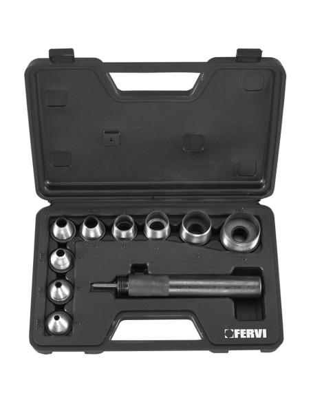 Serie 9 pz fustelle 5-32 mm punzoni a martello con manico cuoio pelle Fervi 0081