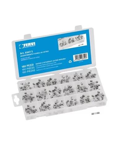 1 - Serie set kit assortimento 180 fusibili in vetro Fervi 0307/1