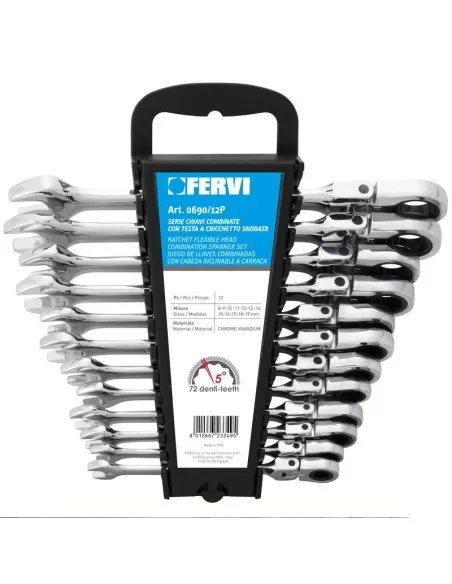1 - Serie 12 chiavi combinate con testa a cricchetto snodata Fervi 0690/12p 1 - Serie 12 chiavi combinate con testa a cricchetto snodata Fervi 0690/12p