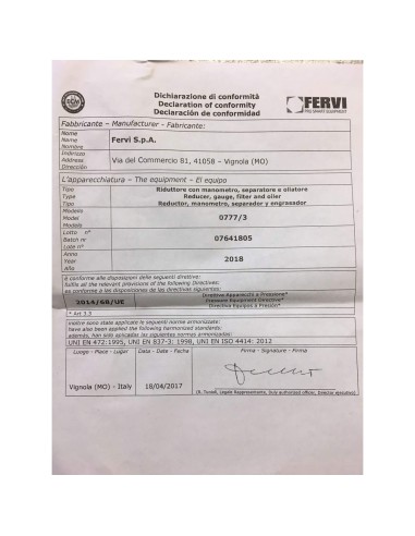 Riduttore pressione filtro lubrificatore manometro compressore Fervi 0777/3