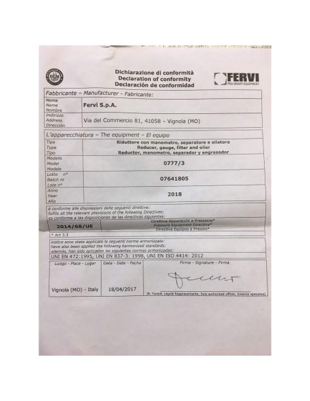 Riduttore pressione filtro lubrificatore manometro compressore Fervi 0777/3