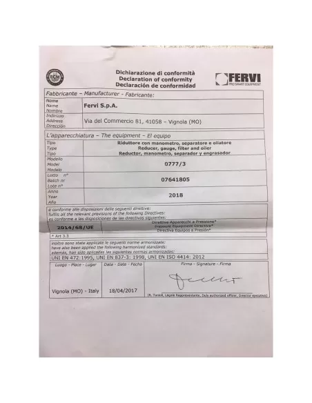 3 - Riduttore pressione filtro lubrificatore manometro compressore Fervi 0777/3