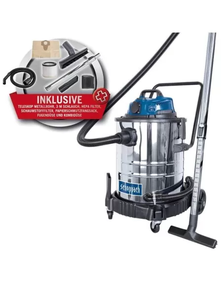 1 - Bidone aspirasolidi e liquidi Scheppach asp50-es in inox 50lt 1400w