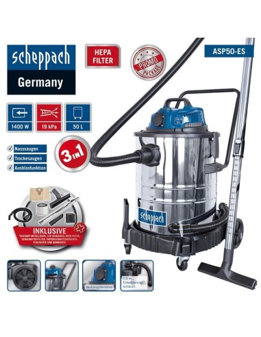 Bidone aspirasolidi e liquidi Scheppach asp50-es in inox 50lt 1400w