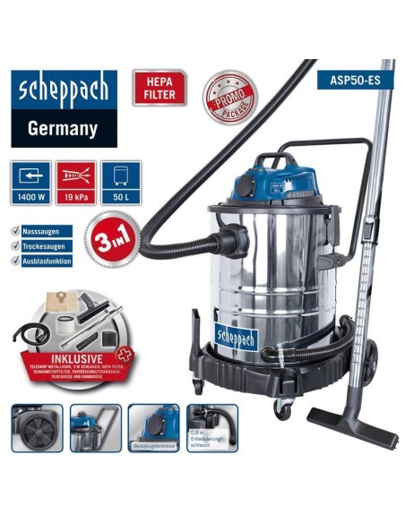 Bidone aspirasolidi e liquidi Scheppach asp50-es in inox 50lt 1400w