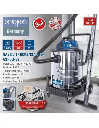 8 - Bidone aspirasolidi e liquidi Scheppach asp50-es in inox 50lt 1400w