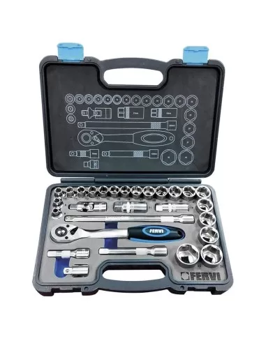 1 - Serie cassetta di chiavi a bussola da 1/2" e accessori 28 pz Fervi s328