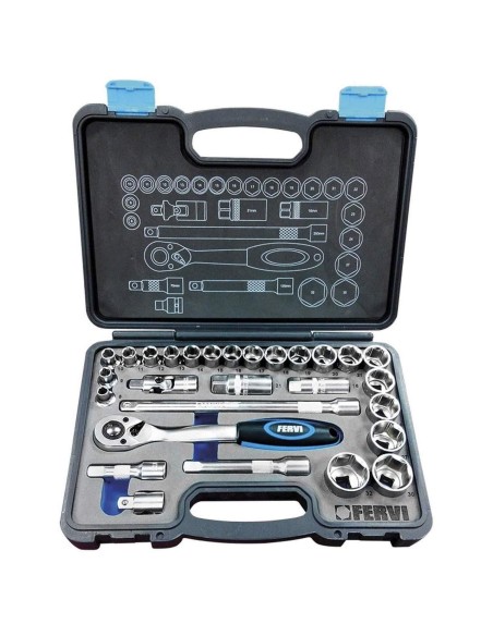 Serie cassetta di chiavi a bussola da 1/2" e accessori 28 pz Fervi s328