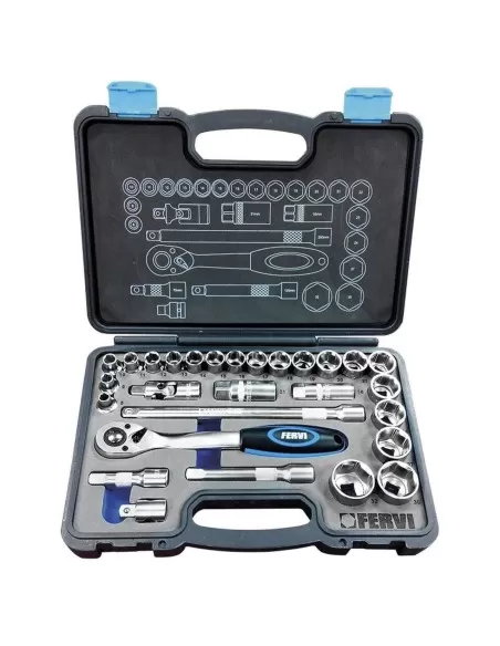 1 - Serie cassetta di chiavi a bussola da 1/2" e accessori 28 pz Fervi s328