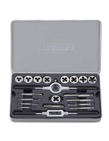 Serie maschi e filiere 20 pz in lega di acciaio m3-m12 e 1/8" Fervi m020