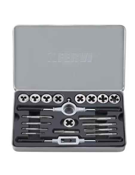 1 - Serie maschi e filiere 20 pz in lega di acciaio m3-m12 e 1/8" Fervi m020