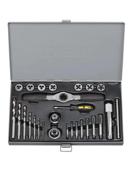 1 - Set maschii e filiere m3-m12 in acciaio al tungsteno 27 pz Fervi m029