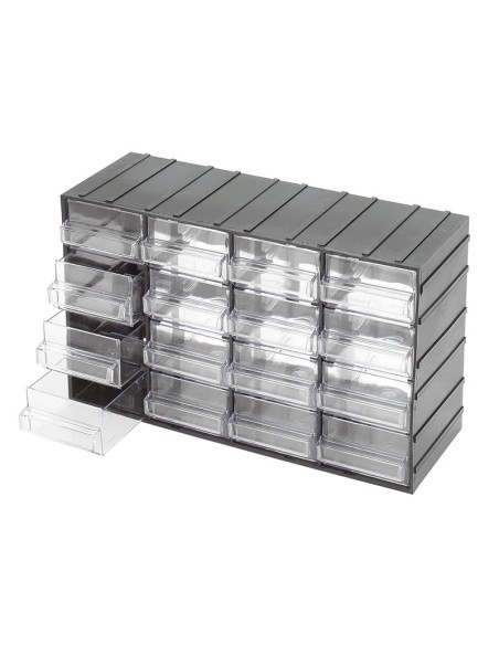 Cassettiera con 16 cassetti estraibili trasparenti portaminuteria Fervi c085/16