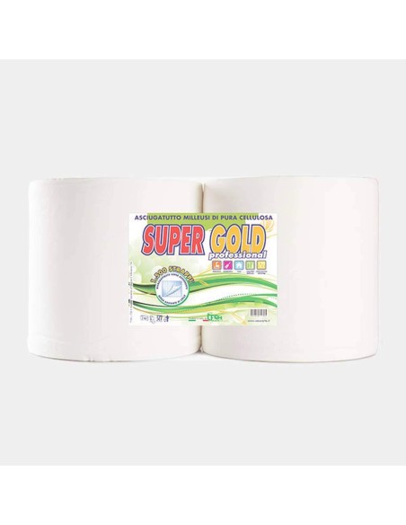 Confezione di 2 rotoli bobina carta in pura cellulosa goffrata 2 veli 800 strappi supergold