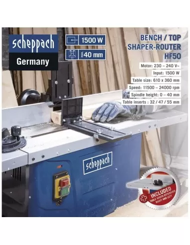 Fresatrice toupie da banco per legno SCHEPPACH hf50 + frese gambo 8 ø mm