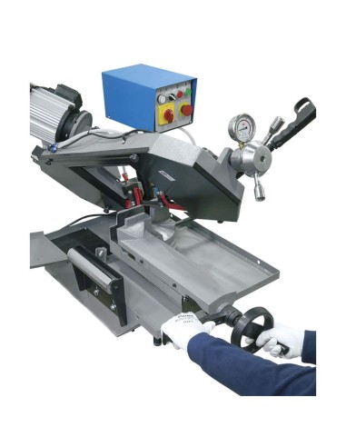Sega segatrice a nastro metallo ferro discesa manuale e idraulica con base Fervi 0692 230v