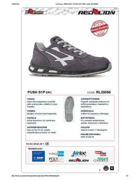 SCARPA ANTINFORTUNISTICA UPOWER DA LAVORO BASSA U-POWER PUSH S1P SRC