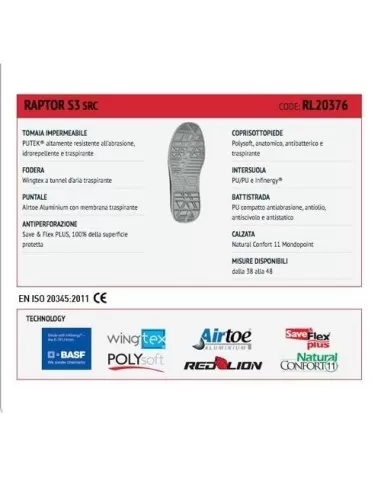 8 - SCARPA ANTINFORTUNISTICA UPOWER DA LAVORO BASSA U-POWER RAPTOR S3 SRC