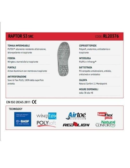 8 - SCARPA ANTINFORTUNISTICA UPOWER DA LAVORO BASSA U-POWER RAPTOR S3 SRC