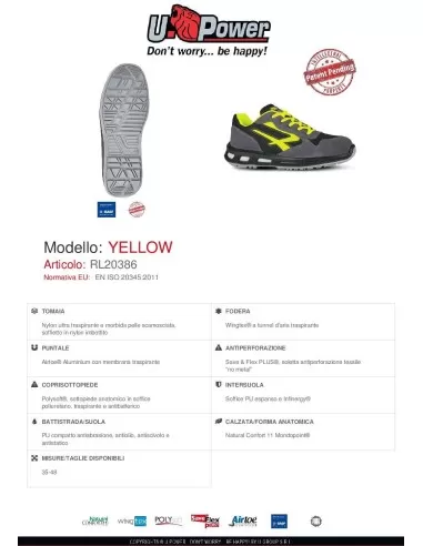 7 - SCARPA ANTINFORTUNISTICA UPOWER DA LAVORO BASSA IN PELLE U-POWER YELLOW S1P SRC