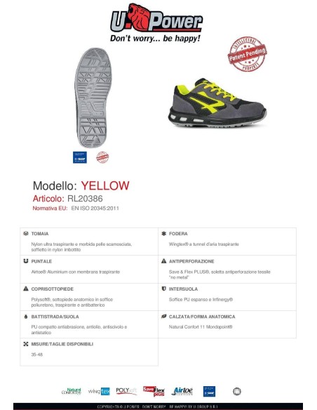 SCARPA ANTINFORTUNISTICA UPOWER DA LAVORO BASSA IN PELLE U-POWER YELLOW S1P SRC