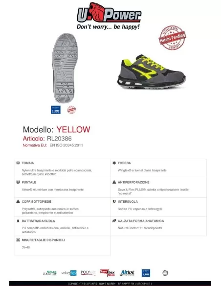 7 - SCARPA ANTINFORTUNISTICA UPOWER DA LAVORO BASSA IN PELLE U-POWER YELLOW S1P SRC