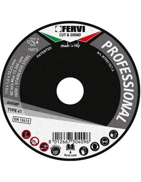 Disco da taglio ferro e metallo 115x1x22 mm a60s professional Fervi mtp8115/1.0