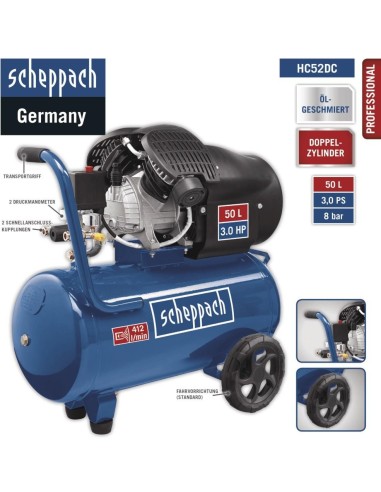Compressore aria 50lt lubrificato portatile bicilindrico v 8bar Scheppach hc52dc