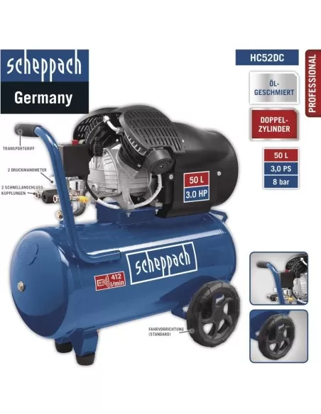 Compressore aria 50lt lubrificato portatile bicilindrico v 8bar Scheppach hc52dc
