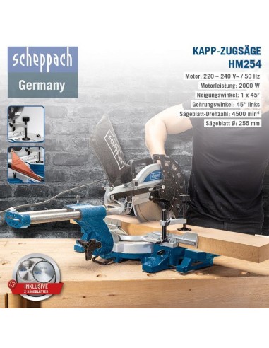 Troncatrice radiale per legno Scheppach hm254 2000w sega circolare ø255 laser