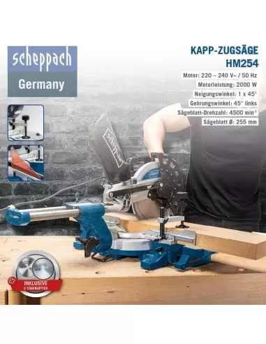 6 - Troncatrice radiale per legno Scheppach hm254 2000w sega circolare ø255 laser