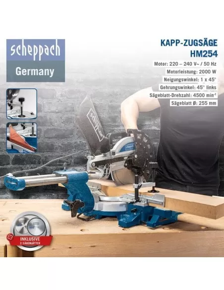 6 - Troncatrice radiale per legno Scheppach hm254 2000w sega circolare ø255 laser