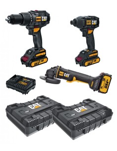 Kit trapano percussione avvitatore e smerigliatrice con batterie e valigette Caterpillar