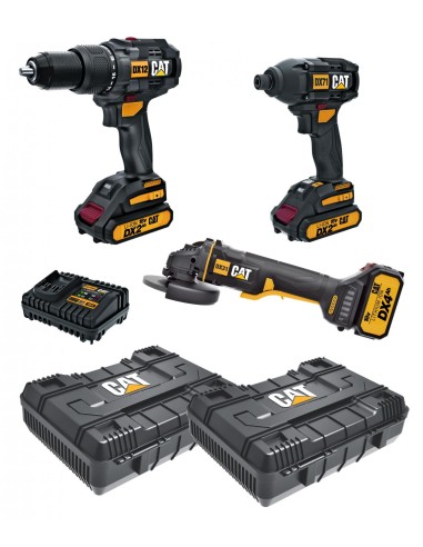 Kit trapano percussione avvitatore e smerigliatrice con batterie e valigette Caterpillar