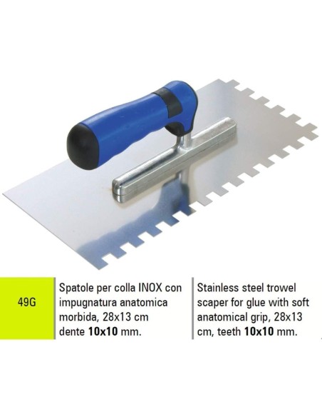 Spatola per colla in acciaio inox 28x13 cm dente 10x10 mm Sigma 49g