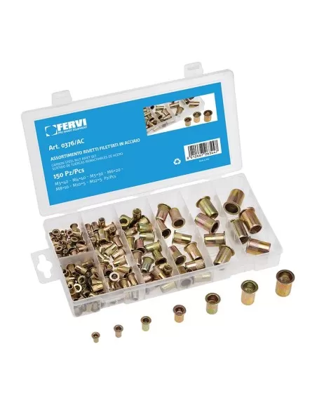 1 - Serie 150 rivetti inserti filettati in acciaio m3 - m12 Fervi 0376/ac