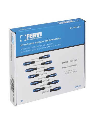 Serie 11 chiavi cacciavite a bussola 4 - 13 mm con impugnatura Fervi cb01/11p