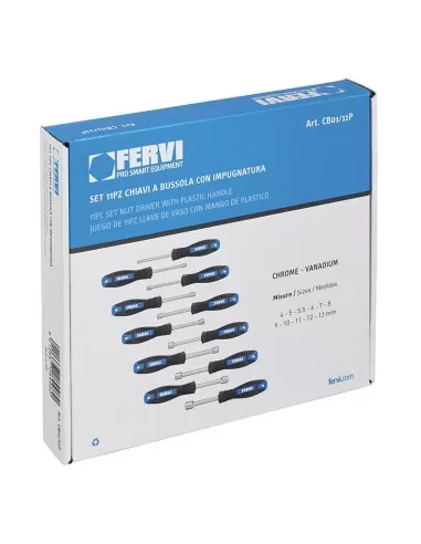 1 - Serie 11 chiavi cacciavite a bussola 4 - 13 mm con impugnatura Fervi cb01/11p