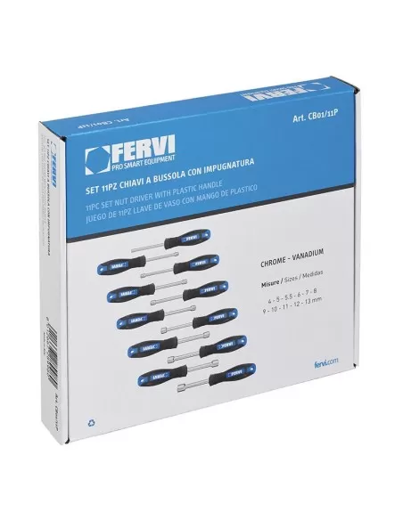 1 - Serie 11 chiavi cacciavite a bussola 4 - 13 mm con impugnatura Fervi cb01/11p