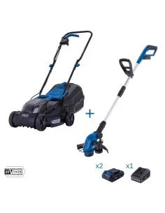 Rasaerba 32cm + tagliabordi + 2 batterie 2.0Ah e caricabatteria ixes Scheppach