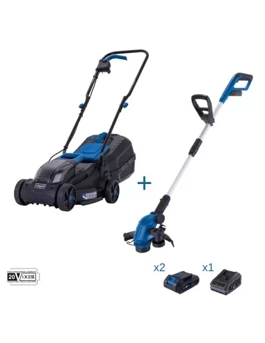 1 - Rasaerba 32cm + tagliabordi + 2 batterie 2.0Ah e caricabatteria ixes Scheppach