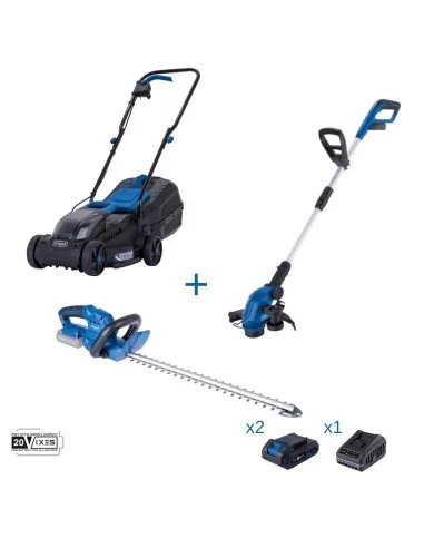 1 - Rasaerba + tagliabordi + tagliasiepi + batterie e caricabatteria ixes Scheppach