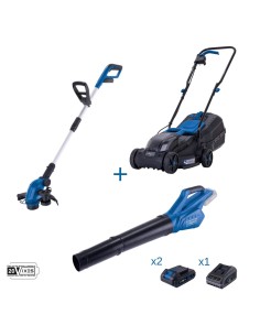 1 - Rasaerba + tagliabordi + soffiatore + 2 batterie e caricabatteria ixes Scheppach