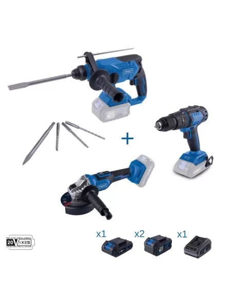 Set 3 elettroutensili Scheppach serie 20v ixes con 3 batterie e caricabatteria